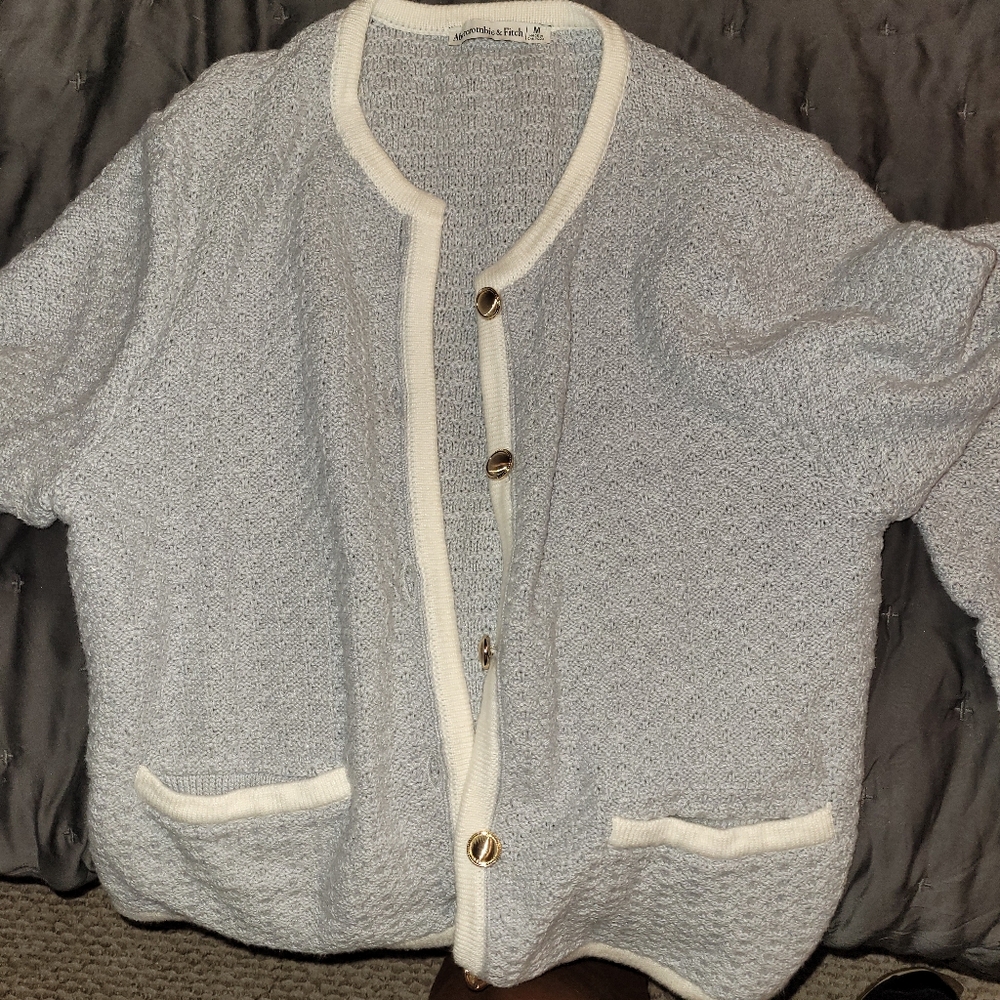Abercrombie Light Gray and Cream Cardigan Sweater